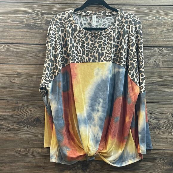 Together Clothing Knot Hem Animal Tie Dye Print Top Tunic PO Shirt SZ L C101842 - Picture 3 of 9